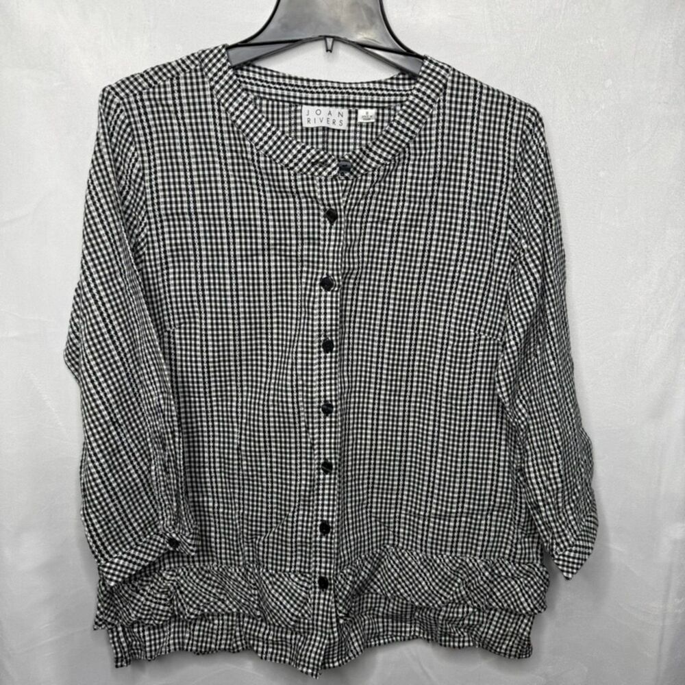 Women’s Joan Rivers Black White Plaid Ruffle Quarter Sleeve Button Down Shirt 8